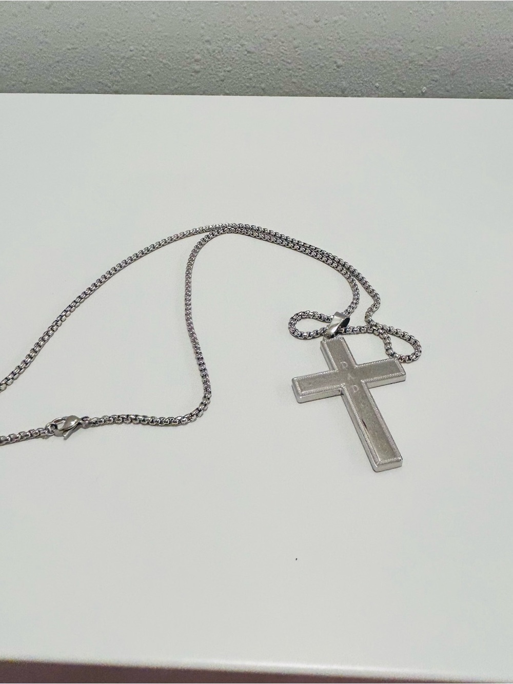 Avon Mens Cross Necklace Stainless Steel Engraved DAD Silvertone 24" Chain Long